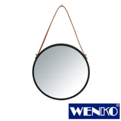 WENKO Wandspiegel Borrone rund 30 cm, schwarz mit Aufhänge-Gurt