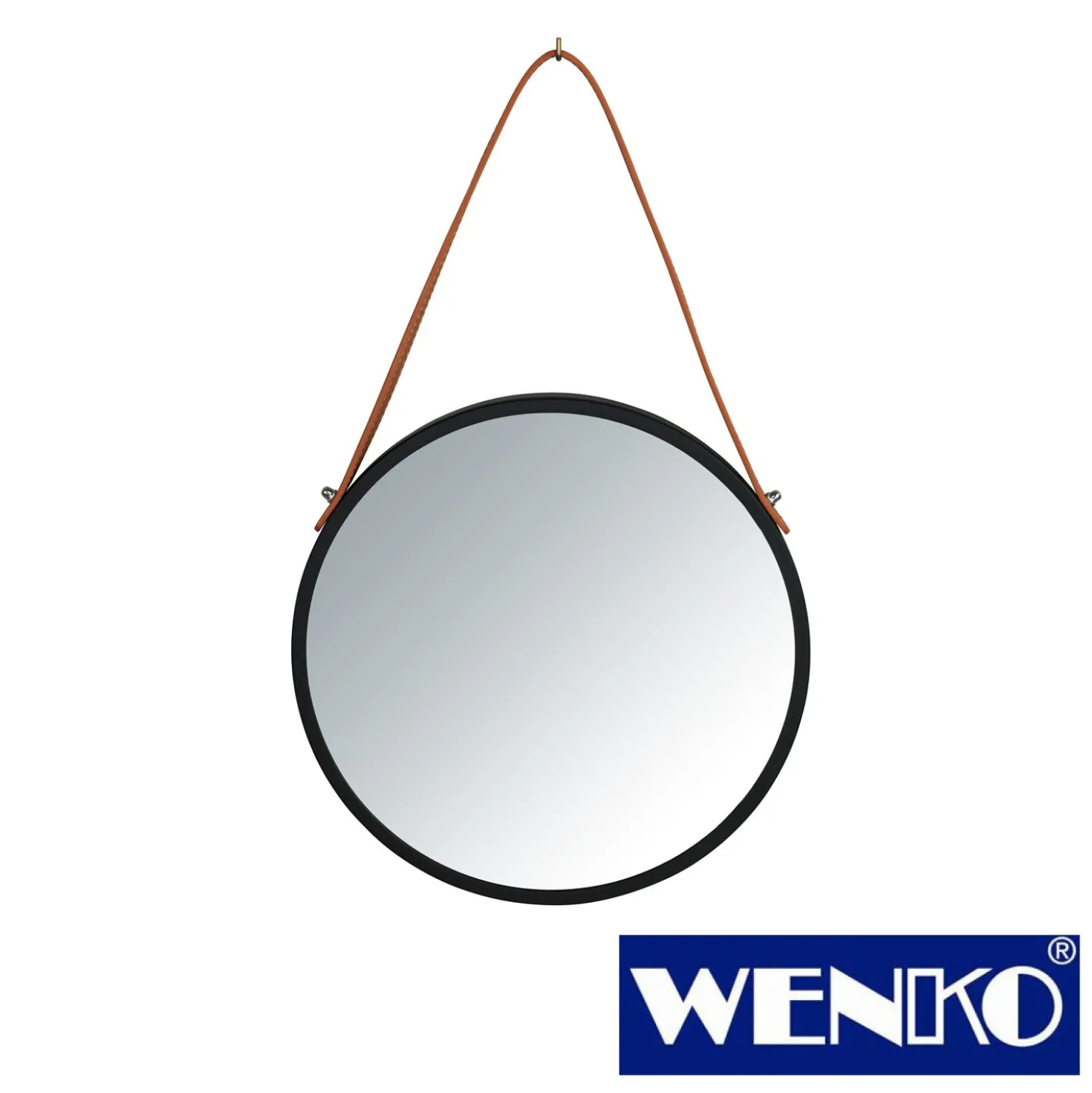 WENKO Wandspiegel Borrone rund 30 cm, schwarz mit Aufhänge-Gurt