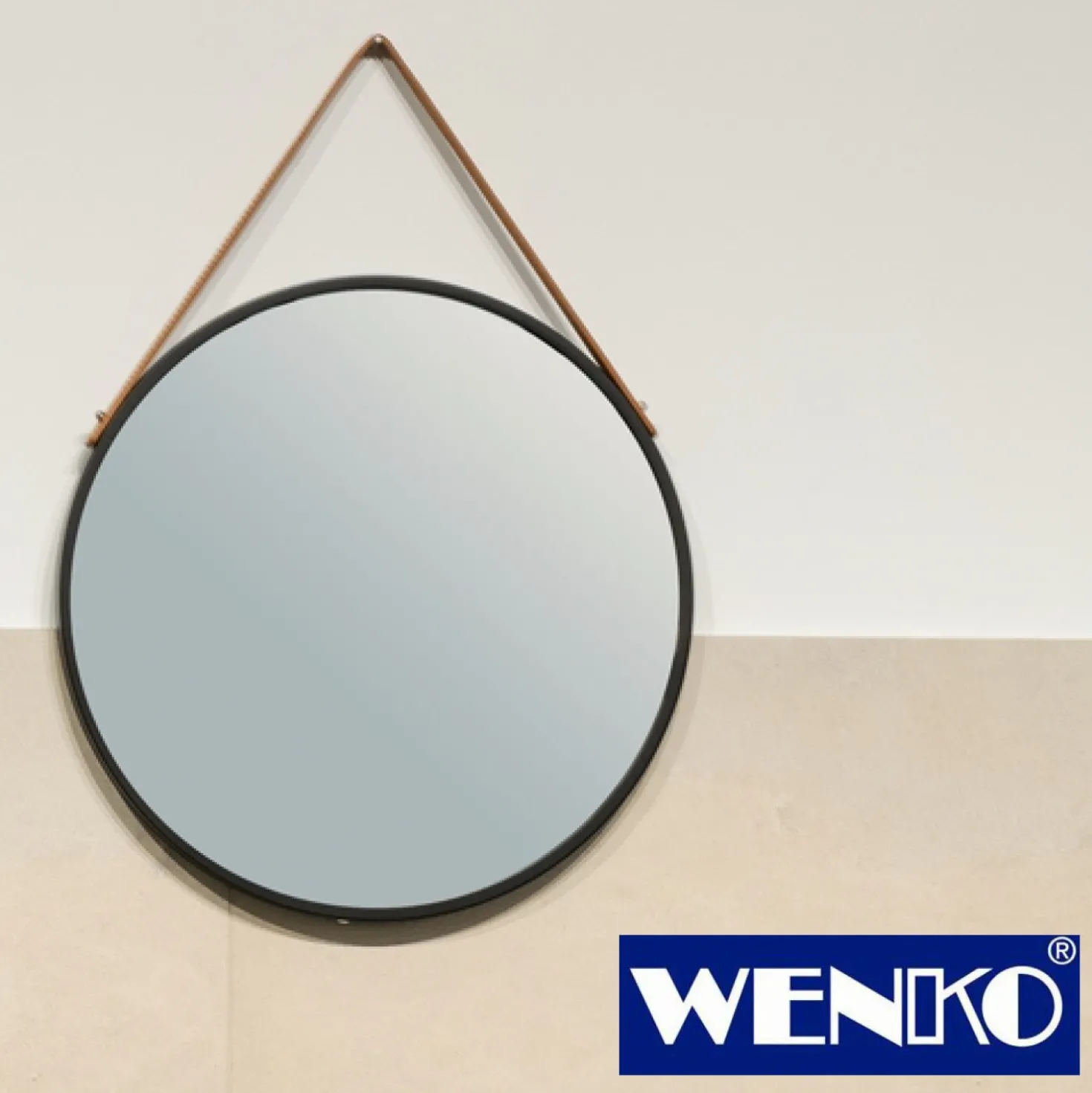 WENKO Wandspiegel Borrone rund 30 cm, schwarz mit Aufhänge-Gurt